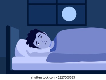 Young man with insomnia symptom at night in flat design. Guy couldn’t sleep under blanket.