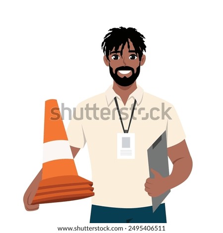 Young Man instructor from driving school smiles and holds traffic cones. Flat vector illustration isolated on white background