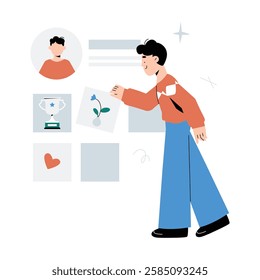 Young Man Interacting With Online Profile, Flat Vector Illustration Symbolizing Digital Identity, Social Media Presence, And Online Networking, Isolated On White Background