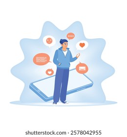 A young man interacting with a smartphone. Send text messages, chat online, and use social media apps. Concept of Young People Using Smartphones. Flat vector illustration.