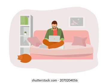 A young man in the interior of the room on the couch is working on a laptop, a cat is lying next to him. Flat illustration on the theme of work from home