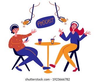 Young man interviewing a guest in a studio for a podcast. People talking to microphone recording podcast. Podcasting, broadcasting, online radio concept. Vector flat illustration.