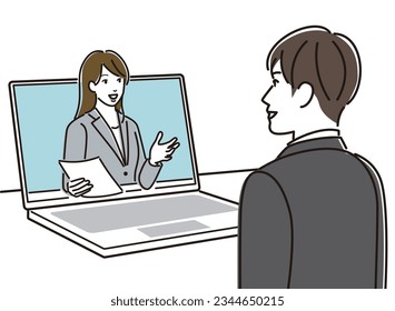 Young man interviewing a woman online