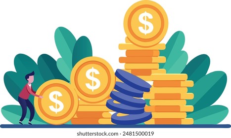 Young man investing money building growing stack of coins