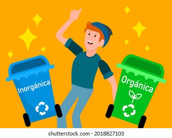 Joven invitando a la separación de la basura orgánica de la inorgánica, con cubos especiales de basura para la separación y el reciclaje, en un fondo naranja