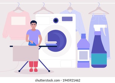 Young man ironing of linen. Colorful flat vector illustration