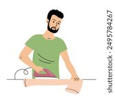 A young man irons clothes at home. Husband is a housewife. Household, family lifestyle. Household chores. People in everyday life. Flat vector illustration isolated on white background