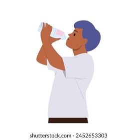 Young man isolated cartoon character feeling thirsty drinking fresh water from plastic bottle