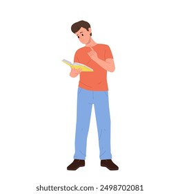 Young man isolated cartoon character reading book enjoying studying and self development process
