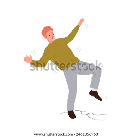 Young man isolated cartoon character in fear afraid of earthquake looking at cracks in ground
