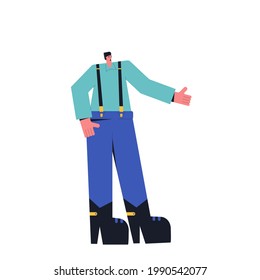 Young man isolated on white background. Caracter in casual clothes stabding and pointing with his hand. Vector flat illustrator.