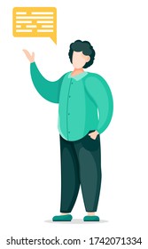 Young man isolated at white background with speech cloud or dialog cloud with text. Conversation or talking with someone. Cartoon character in vector style, discussion element, speech bubble