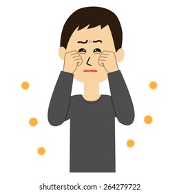 A young man with itchy eyes, allergen flowing in the air, vector illustration