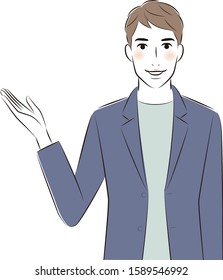 Young man in jacket is guiding with hand gesture