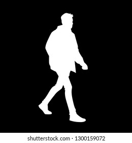Young man in jacket, jeans and sneakers walking. White silhouette isolated on black background. Side view. Monochrome vector illustration of man taking a walk. Concept.
