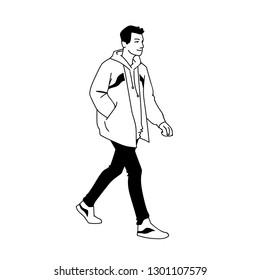 Young man in jacket, jeans and sneakers walking. Side view. Monochrome vector illustration of sprty man taking a walk in simple line art style. Hand drawn sketch isolated on white background. Concept.