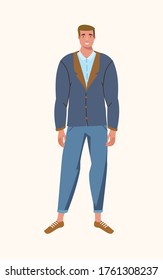 An young man in a jacket and trousers. A handsome boy. Stylish hipster. Fashionable guy in a brown boots. Generation Z