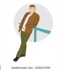 A young man in a jacket and trousers is leaning on the railing. Vector illustration isolated on white background.