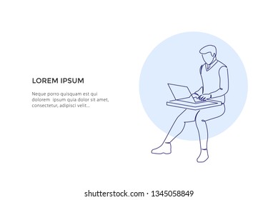 A young man with jeans sitting is holding a laptop computer on his lap. Works, looks at the monitor. One continuous drawing of the line drawn by hand. - Vector