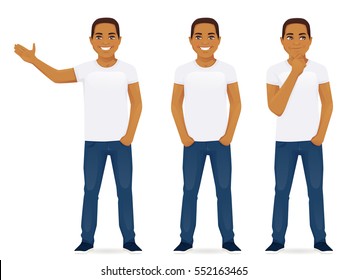 Young man in jeans standing in different poses isolated