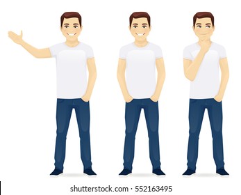 Young man in jeans standing in different poses isolated