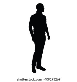 Young Man In Jeans And Sweater Stands And Looks Around. Vector Isolated Silhouette Of Standing Slender, Handsome Man. Slim Tall Sports Figure, Rolled Up Sleeves, Upright Stance