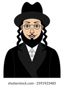 Young man of Jewish nationality. A man with blue eyes, a black beard and moustache, with sidelocks on his temples, in a black hat and round glasses. Color vector illustration. Isolated background. 