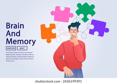 young man with jigsaw. Alzheimer illness concept. Man trying to remember something. Problems with brain and memory. tired exhausted, chronic work stress, tries to remember important information.