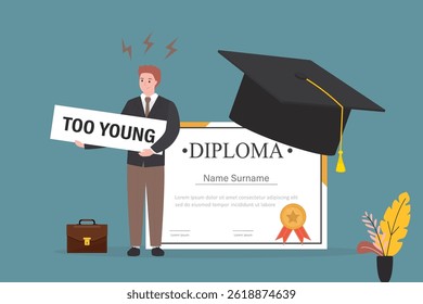 Too young man job candidate with diploma and graduation hat. Discrimination in society. Refusal to work for an young employee or businessman. Employment problem. Ageism social problem. flat vector