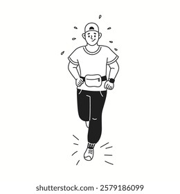 Young man jogging in casual attire linear icon. Sweaty sportsman running to prepare for racing doodle character doodle thin line illustration