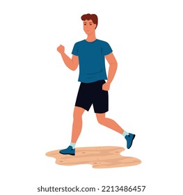 Young man jogging. Guy running wearing sport uniform. Healthy lifestyle. Flat vector illustration.