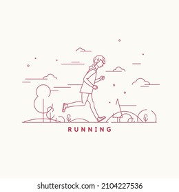 Un hombre joven está trotando en la naturaleza. El tipo hace deportes y corre hacia adelante. Ilustración lineal al estilo de las caricaturas.