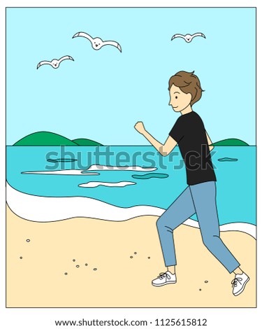 Young man jogging on sandy beach.