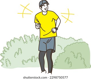 Young man jogging outdoors smiling
