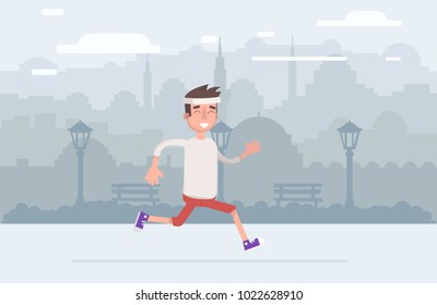 Young man jogging in the park does. Vector illustration in a flat style