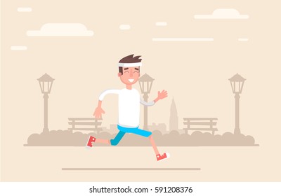 Young Man Jogging In The Park Does. Vector Illustration In A Flat Style