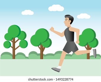 Young man jogging in park with green trees and blue sky background.  Vector Illustration.