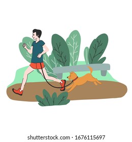 Young man jogging in the park with his dog, daily routine, cute hand drawn vector illustration