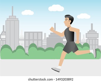 Young man jogging in park with skyscraper buildings and blue sky background.  Vector Illustration.