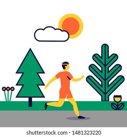 Young man jogging in the park. Vector illustration in a flat style - Vector. Modern vector concept illustration of running men wearing sportswer. Marathon race, 5k run, sprint.