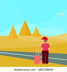 Young man journal to pyramid , desert in autumn.  Charactor cartoon flat design vector illustration, abstract background texture wallpaper pattern