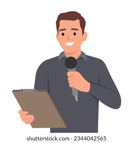 Young man is a journalist who interviews holding clipboard. Reporter man. Flat vector illustration isolated on white background