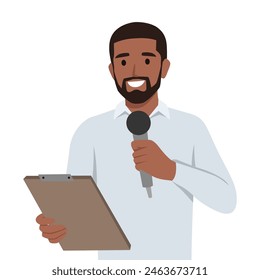 Young man is a journalist who interviews holding clipboard. Flat vector illustration isolated on white background