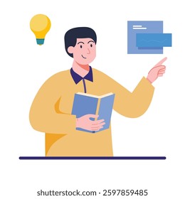 A young man joyfully holds a book while pointing at notes, showcasing creativity and inspiration. Perfect for educational and motivational themes.