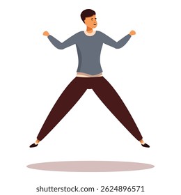 Young man is joyfully jumping, his wide stance and raised arms conveying a sense of accomplishment and victory