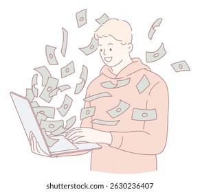 A young man joyfully using a laptop, surrounded by floating money bills, illustrating online income.
