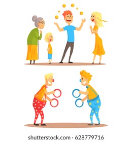Young man juggling with oranges before his family. Clowns juggling with rings on a circus show. Circus or street actors set of colorful cartoon detailed vector Illustrations