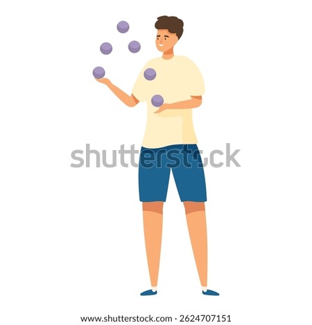 Young man is juggling several balls, demonstrating his hand eye coordination and focus
