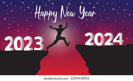 A young man jump between 2023 and 2024 years  through on the gap of hill silhouette evening colorful sky. happy new year 2024.
