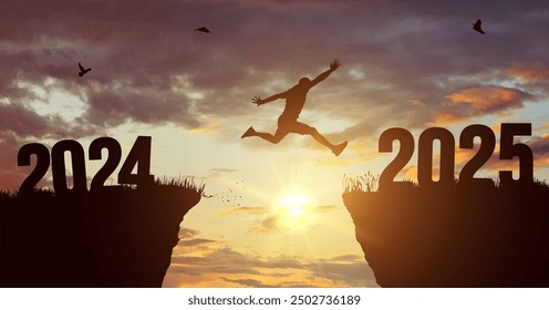 A young man jump between 2024 and 2025 years. Concept vector illustration over the sun and through on the gap of hill silhouette evening colorful sky. Vector illustration. Welcome Happy new year 2025.